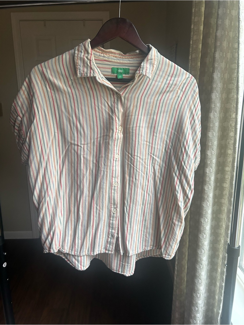 dip Striped Button-Front Short Sleeve Blouse - White, Blue, Pink